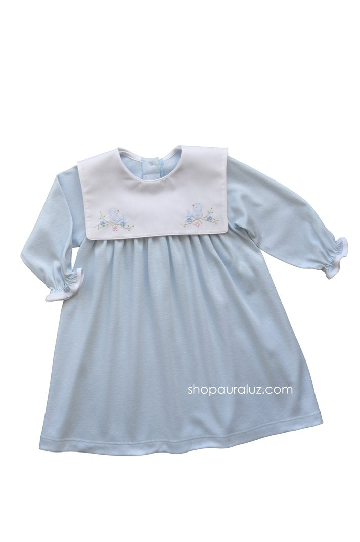 Knit Blue Dress with Square Collar & Embroidered Bird