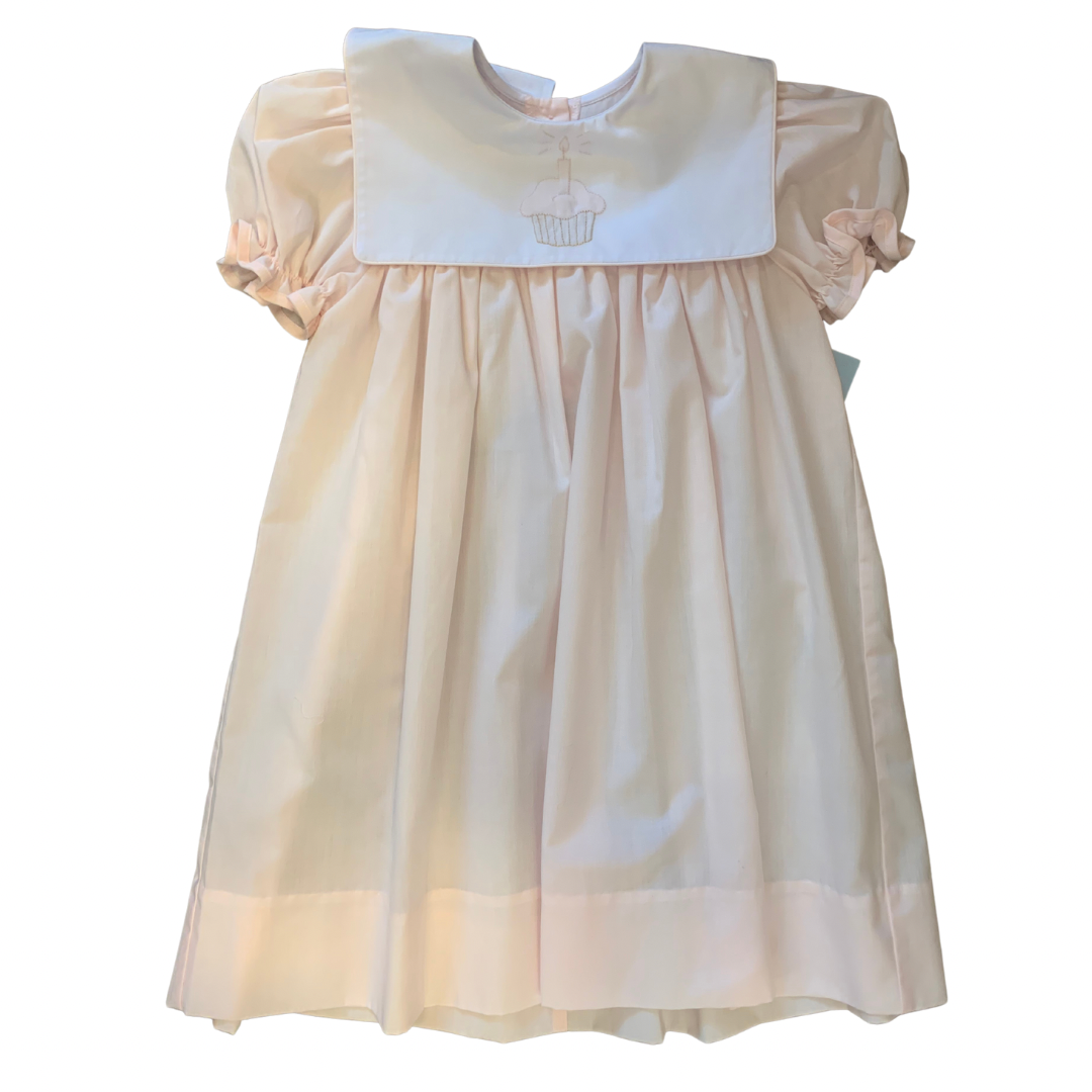 Pink Dress with Squared Collar Embroidered Cupcake