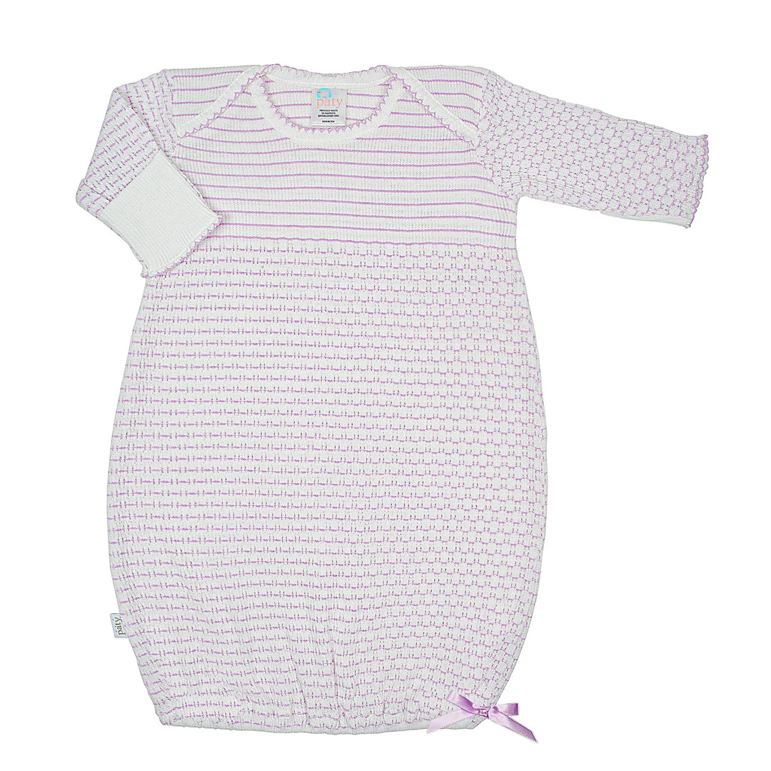 Pinstripe Paty Knit Overlap Shoulder Gown w/Bow