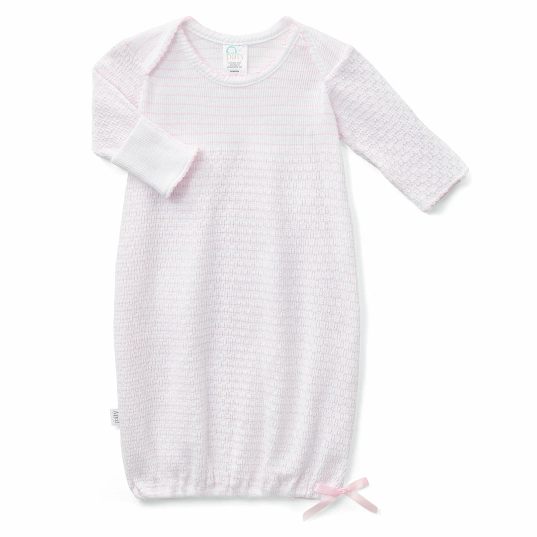 Pinstripe Paty Knit Overlap Shoulder Gown w/Bow