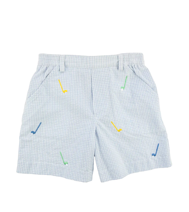 Check Seersucker Short w/Embroidered Golf Clubs