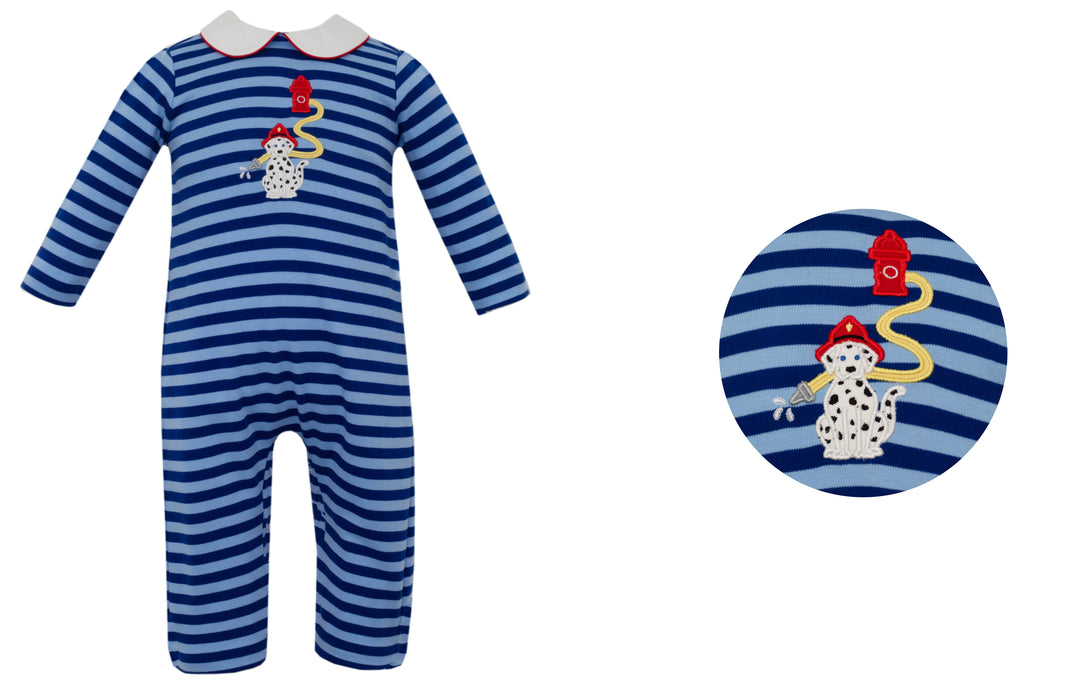 Fire Dog Blue Stripe Romper