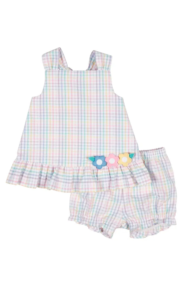 Plaid Seersucker Dress/Bloomer w/Flowers