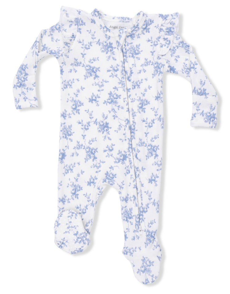 Baby Blue Vines Floral 2 Way Ruffle Zipper Footie