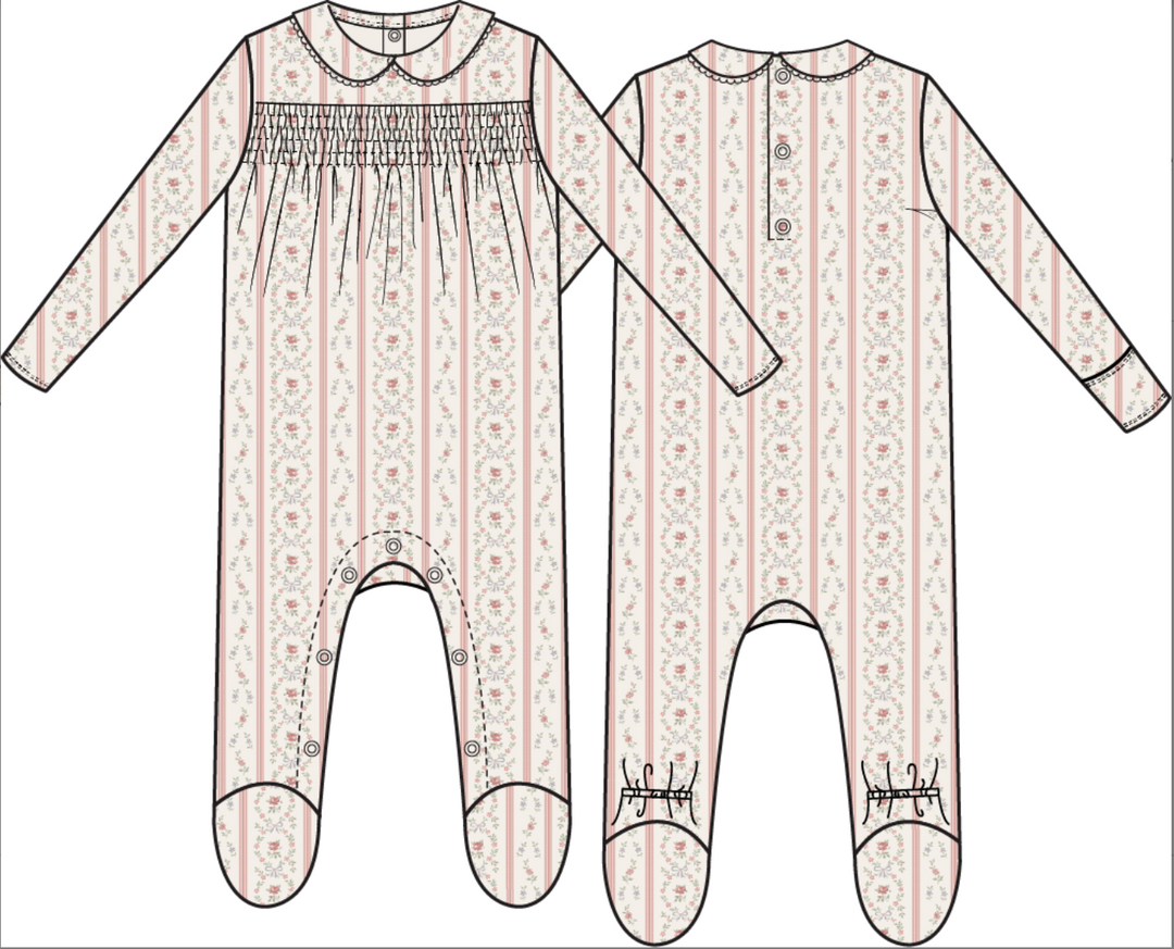 Marnie Rosebud Stripe Smocked Peter Pan Snap Footie