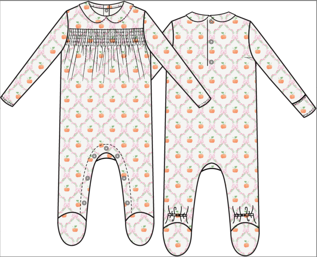 Pretty Pumpkin  Trellis Smocked Peter Pan Snap Footie