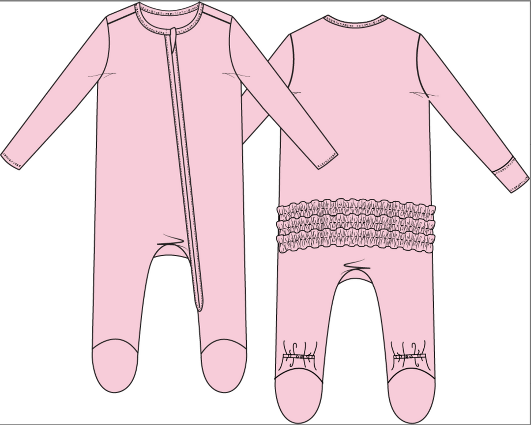 Solid Pink A Boo-2 Way Ruffle Back Zipper Footie
