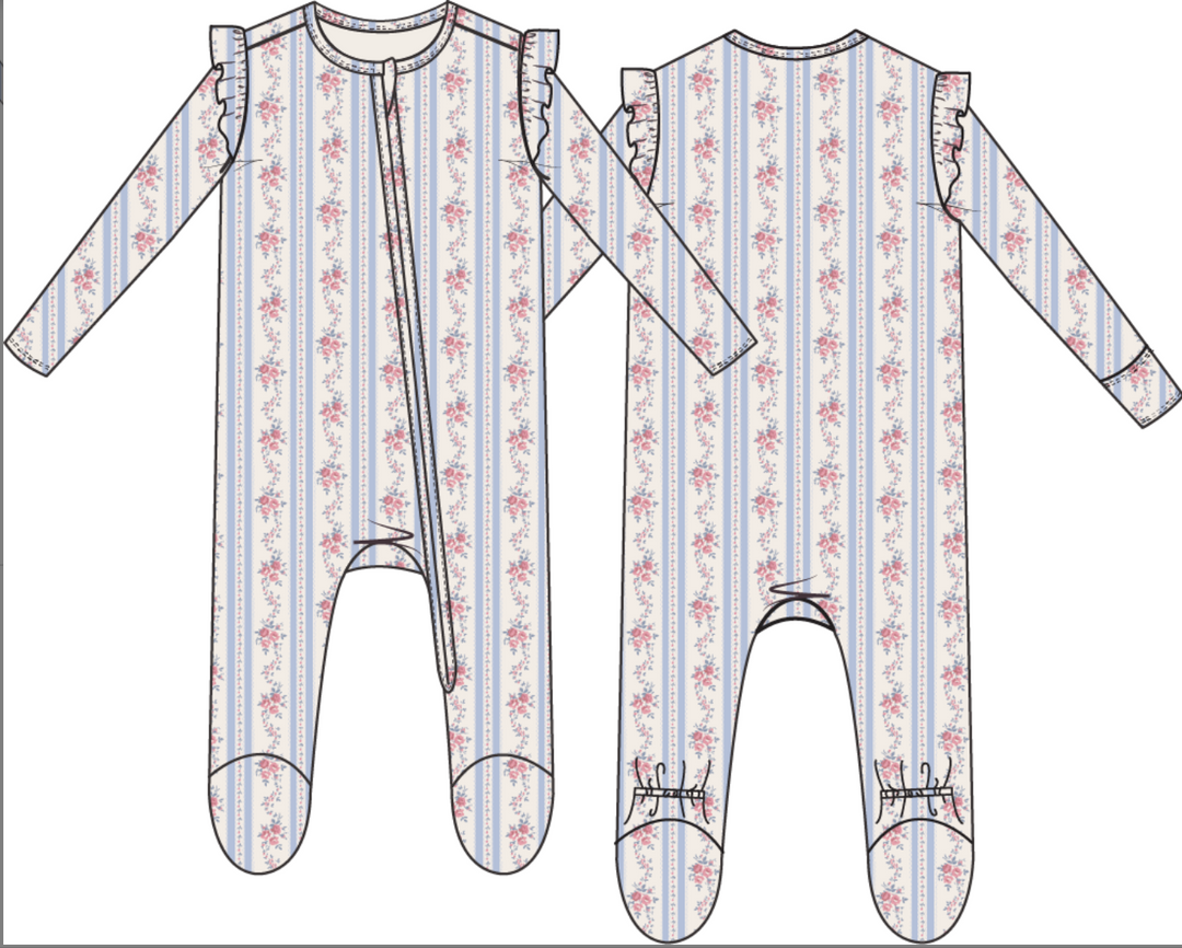 Anna Floral Stripe-2 Way Ruffle Sleeve Zipper Footie