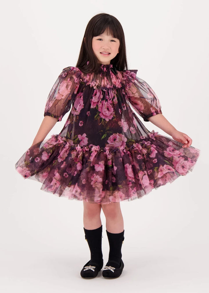 Myrtle Mid Sleeve Flower Tulle Dress w/Collar Bow