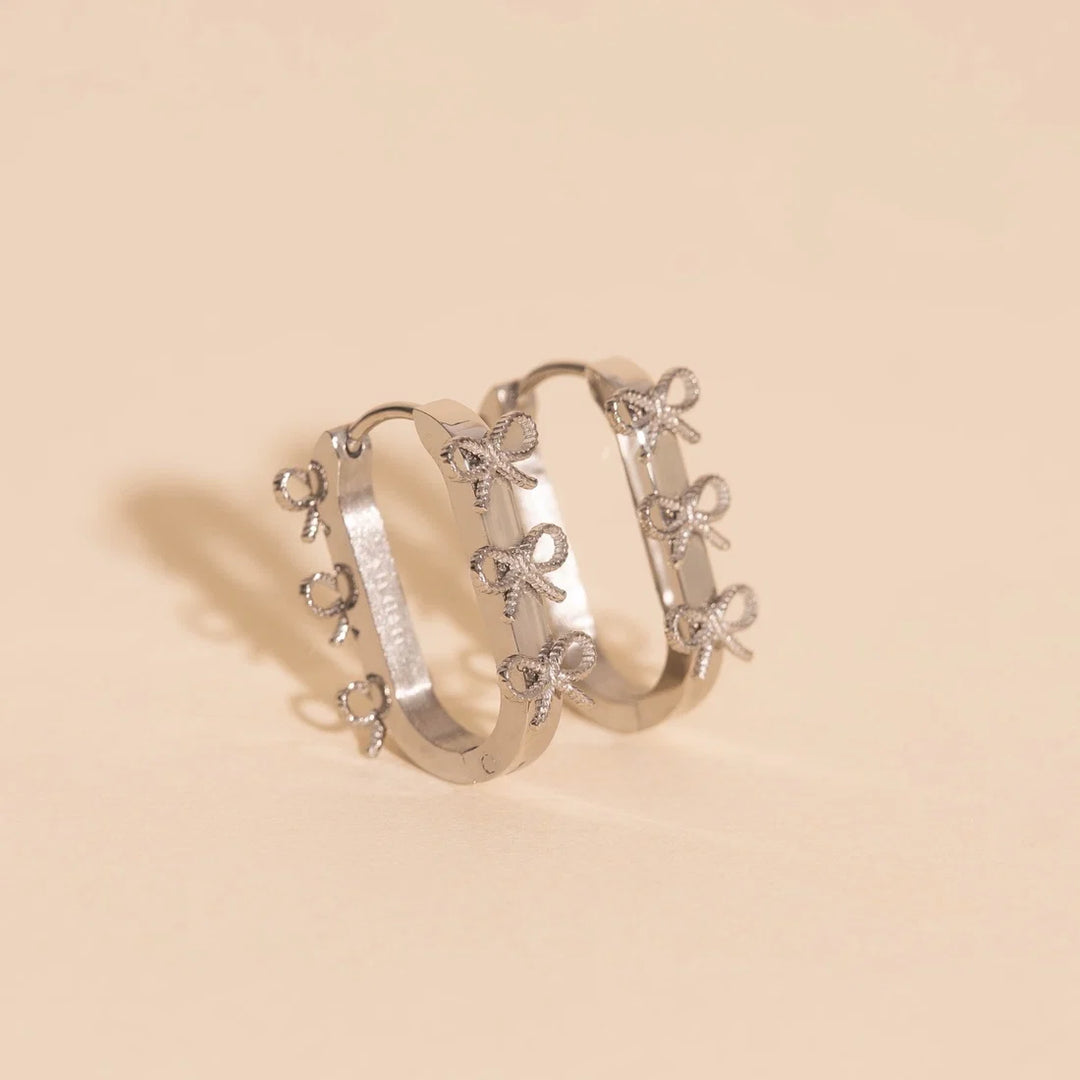 Stacked Rope Bow Oblong 3D Huggie Hoop Earring