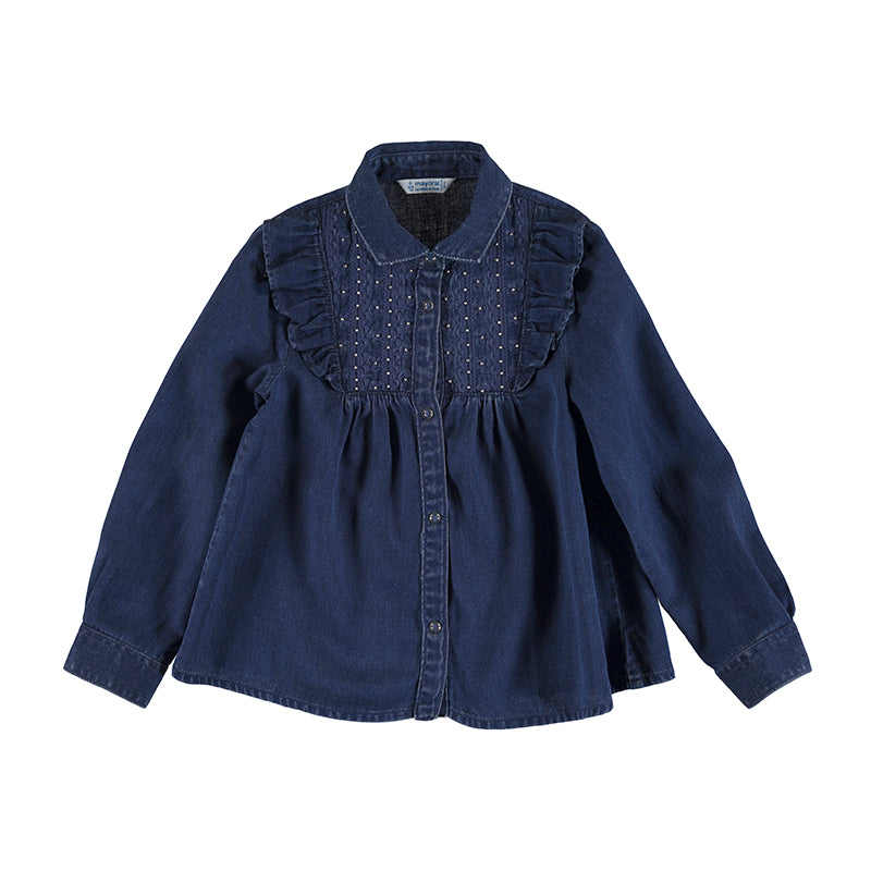 Girls Long Sleeve Denim Top with Detail