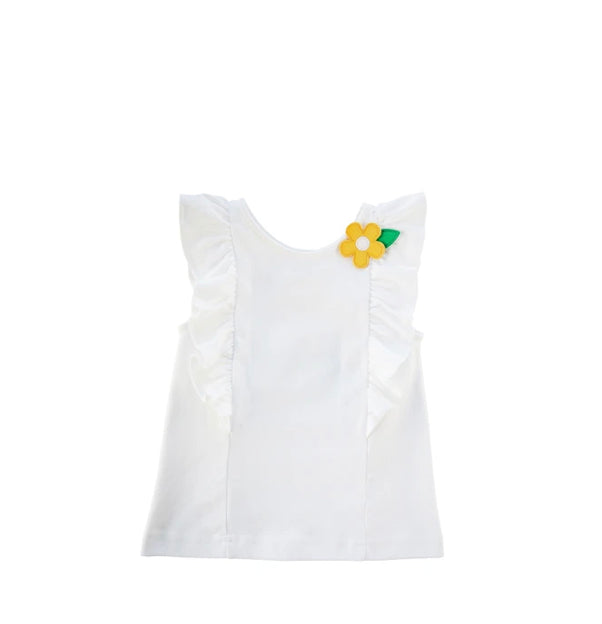 White Knit Top with Ruffles & Appliqué Flowers