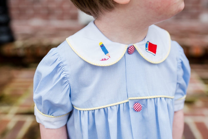 Microcheck Dress with Book & Pencil