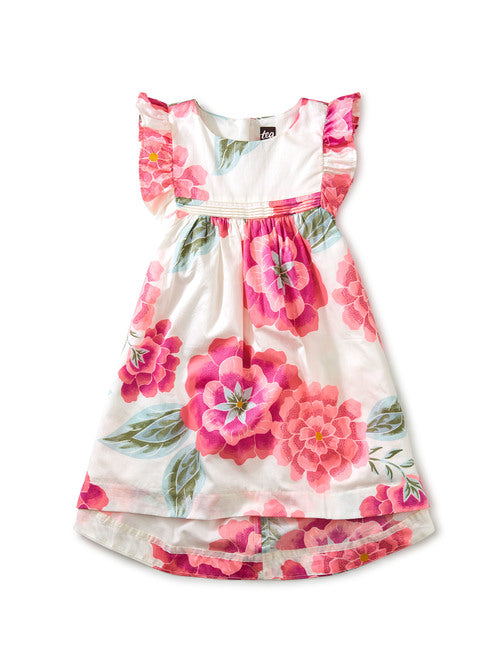 Large Floral Hi-Lo Ruffle Sleeve Dress