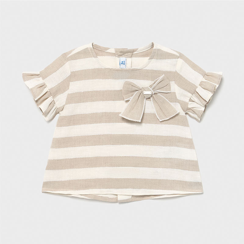 Striped Linen Ruffled Sleeve Shirt with Bow