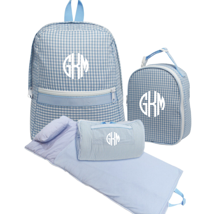 Mint Large Backpack + Mint Lunch Box + Mint Nap Roll + Monogram Bundle